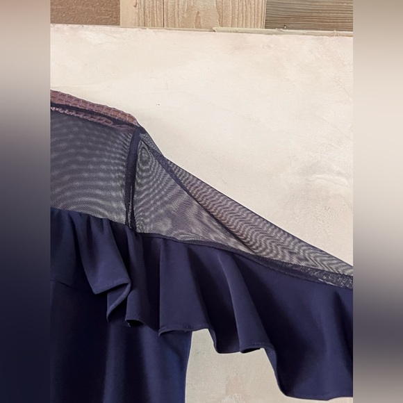 COPY - R&M Richards women’s ruffled illusions sleeve formal Navy jumpsuit. - Picture 3 of 8